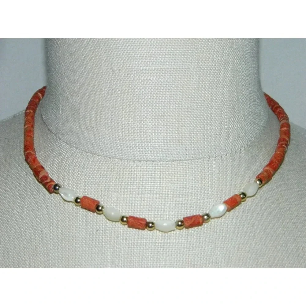VTG Red Sponge Natural Coral Mother of Pearl Gold Tone Bead Choker Necklace